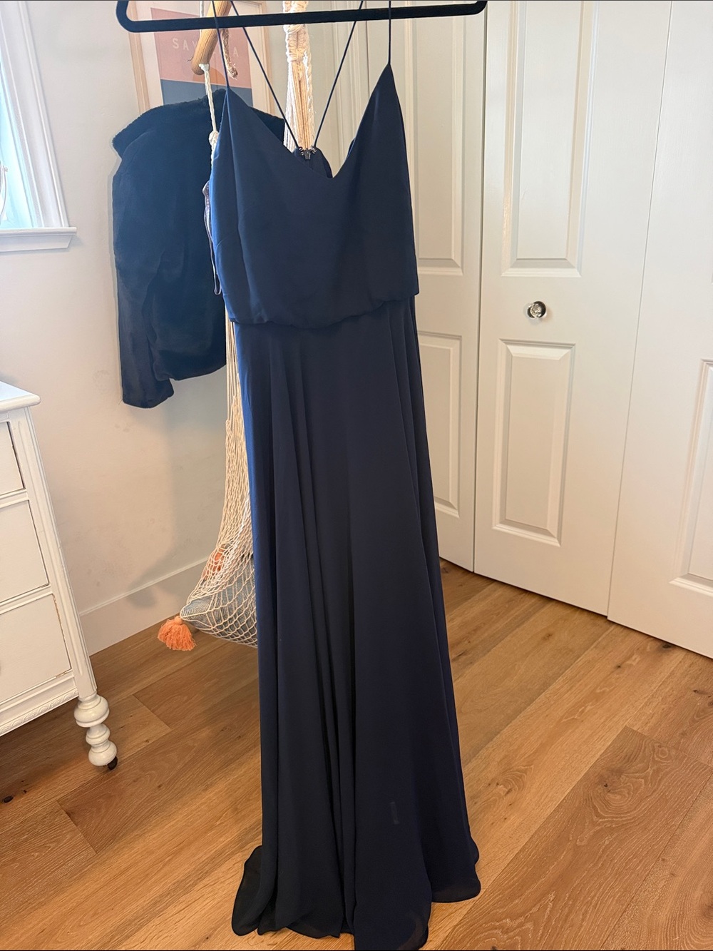 Jenny Yoo Navy Blue Maxi Slip Dress with Spaghetti Straps